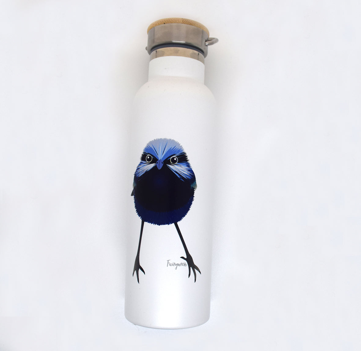 sustainable steel bottle for hot or cold drinks, Fairywren stainless steel bottle, Vacuum for hot or cold drinks, Printed in Australia, Bamboo screw lid, Australian gift, Australian animals 